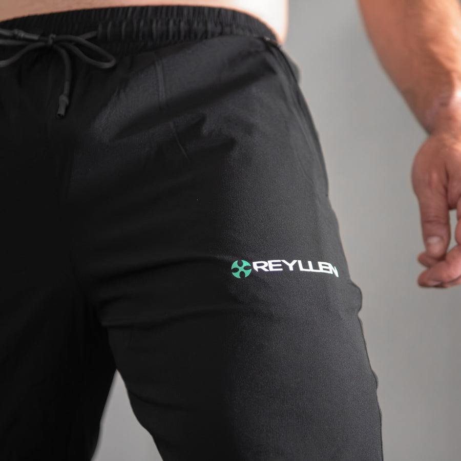 Mens Workout Joggers Black Nylon front logo closeup
