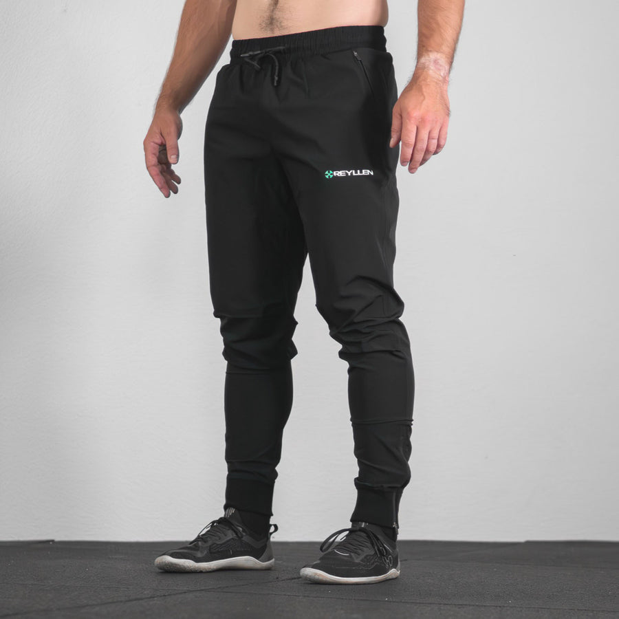 Mens Workout Joggers Black Nylon front side view