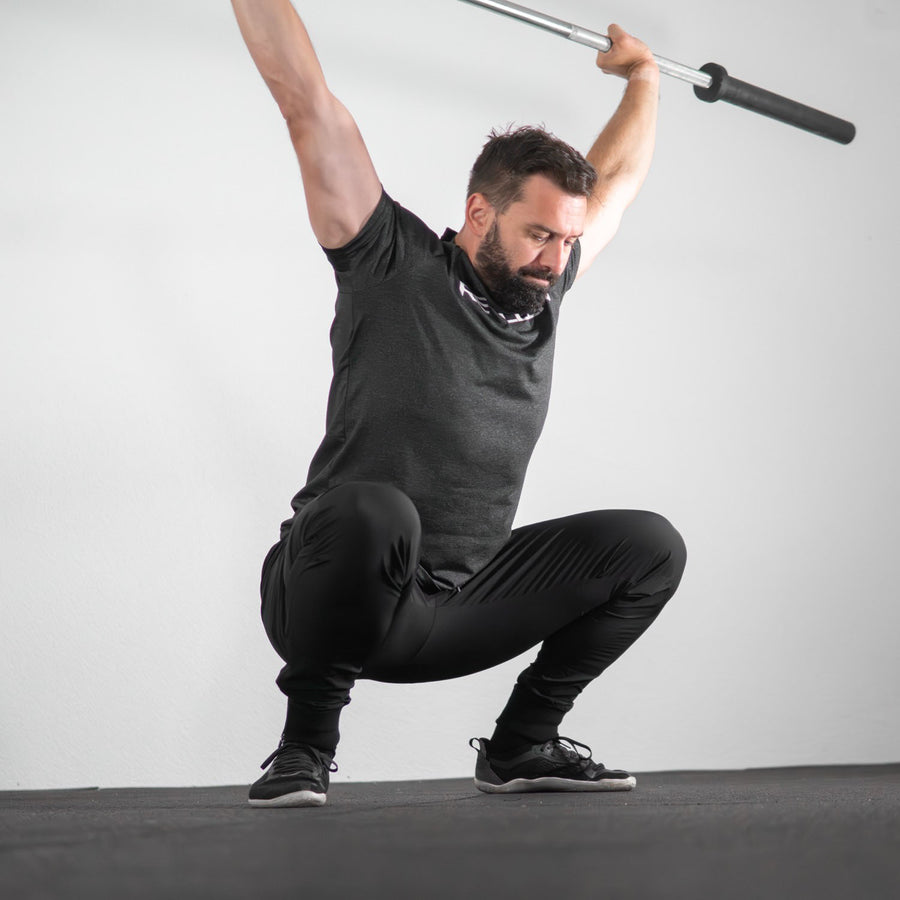 Mens Workout Joggers Black Nylon squatting