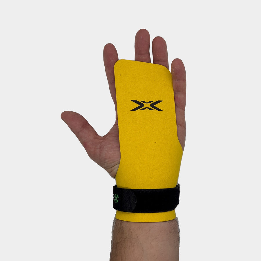 reyllen x3 gymnastic hand grips -fingerless single worn on hand view